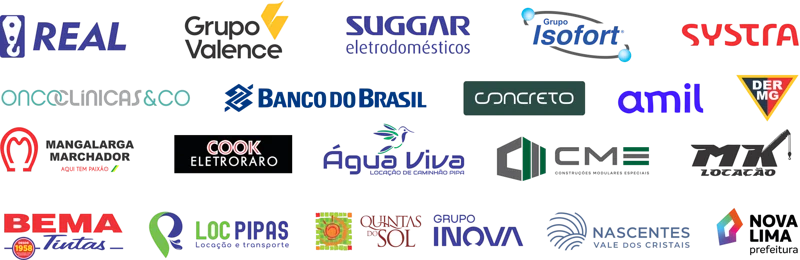 Logos de clientes: Real, Grupo Valence, Suggar, Isofort, Systra, Oncoclínicas, Banco do Brasil, Concreto, Amil, DER-MG, Mangalarga Marchador, Cook Eletroraro, Água Viva, CME, MK Locação, Bema Tintas, Loc Pipas, Quintas do Sol, Grupo Inova, Nascentes e Prefeitura de Nova Lima